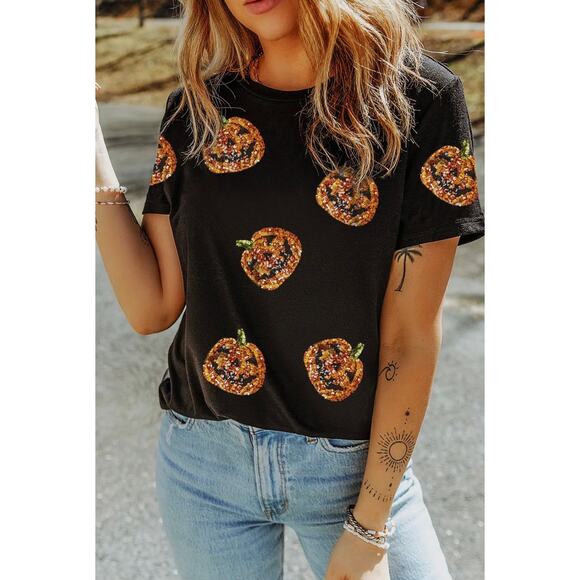 Sequin Pumpkin Face Halloween T Shirt - Picture 1 of 5